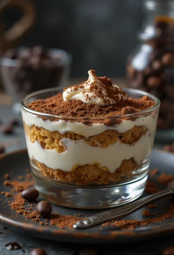 Klassisk tiramisu med lagdelte ladyfingers og drysset med kakaopulver