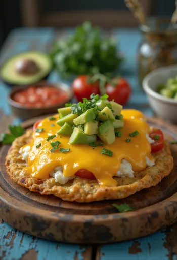 Tostada med ost, serveret med friske grøntsager og koriander
