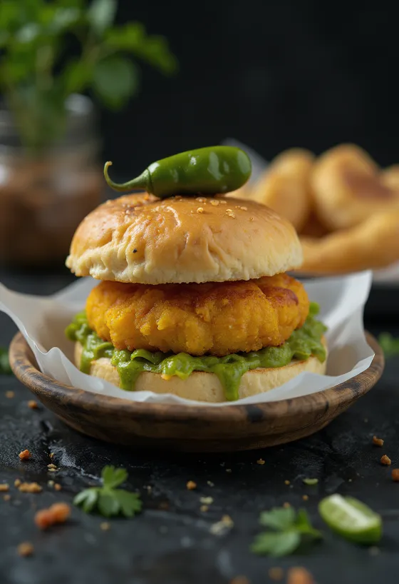 Vada Pav fyldt med kød serveret