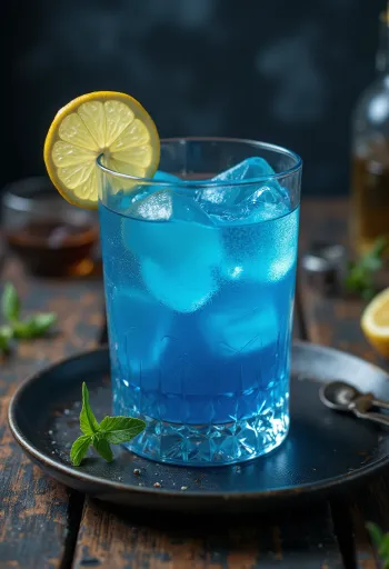 Blue Lagoon cocktail pyntet med citronskive og cocktailbær