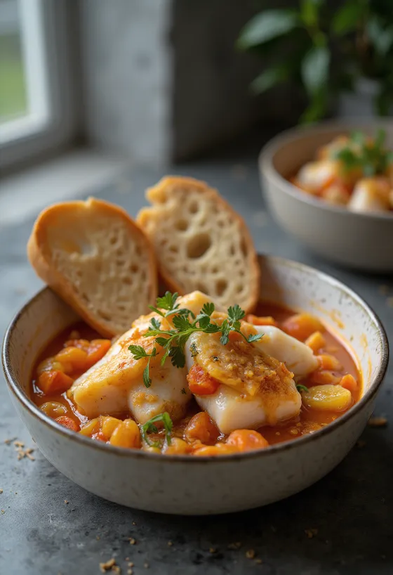 Caponata med fisk serveret med tomatsauce og oliven
