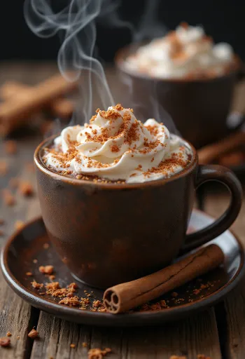 Cremet varm kakao med chili i krus med flødeskum og chokoladedrys