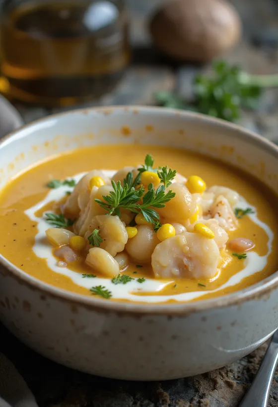 Chupe de mariscos, skaldyrssuppe, med creme fraiche og friske grøntsager
