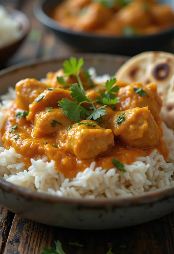 Kylling tikka masala serveret med basmati ris