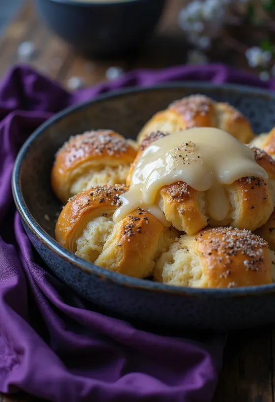 Mákos guba drysset med flormelis, serveret med vaniljesauce