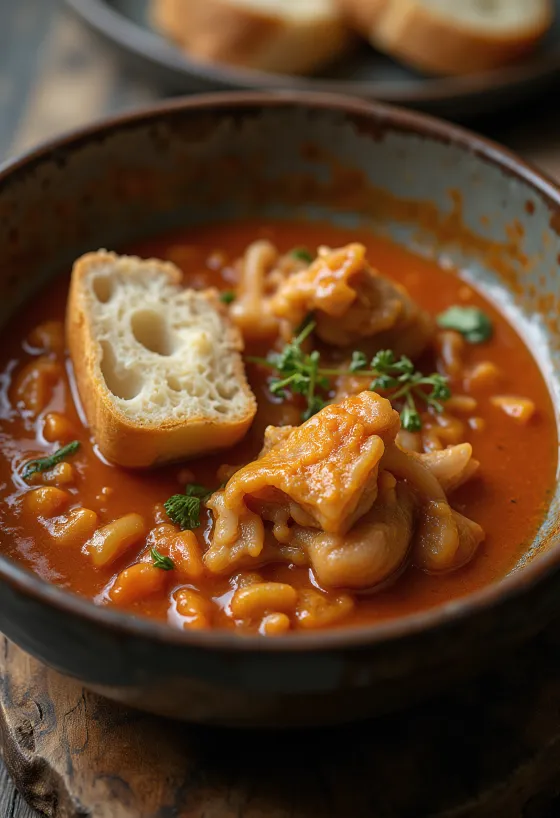 Kallun-gryde med saftig, krydret sauce, serveret med frisk brød