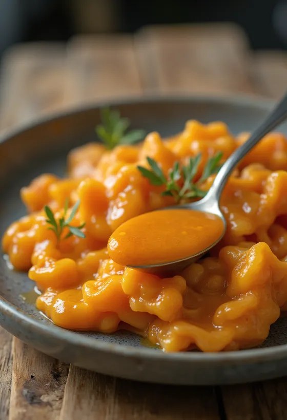 Paprika-smørsovs serveret med grillet kød