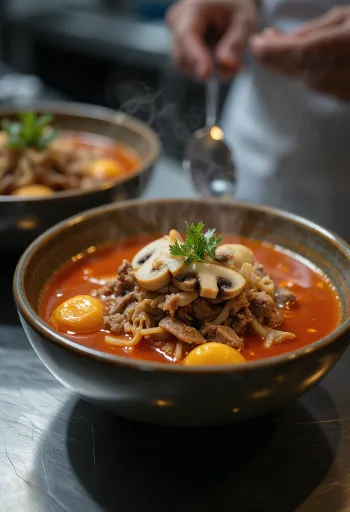 Stegt Svampe Yukgaejang, koreansk oksekødssuppe med nudler og stegte svampe