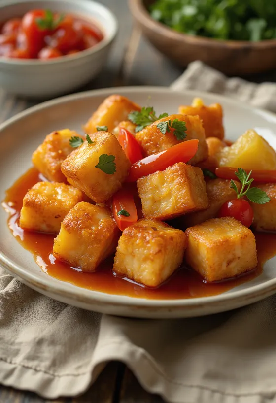 Sprød stegt tofu med sur-sød sauce serveret