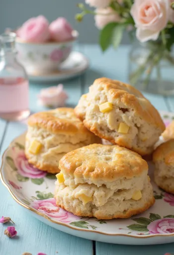 Scones med rosenvand og marcipan serveret