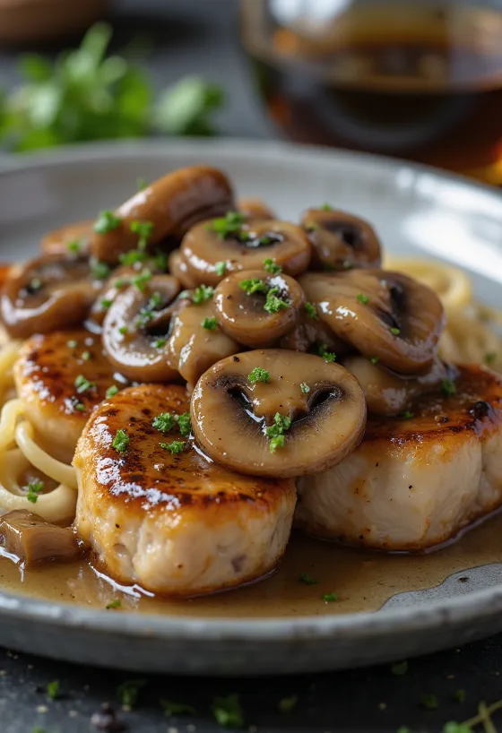 Kalve scallopini Marsala serveret med svampe og frisk persille