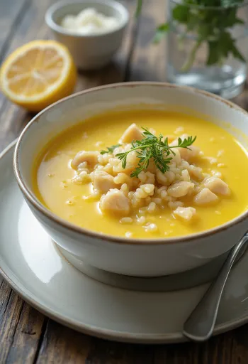 Avgolemono jævnet med æggeblomme, ægge-citronsuppe med rigt kyllingekød og ris