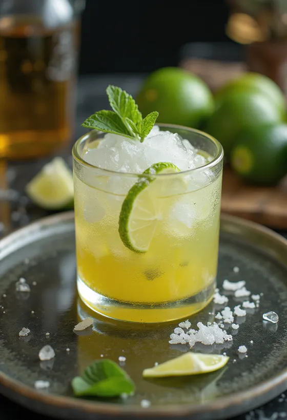 Caipirinha cocktail med limestykker og knust is