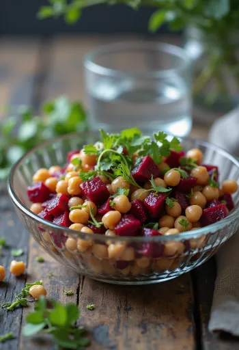 Rødbede- og kikærtesalat serveret med frisk rucola og ristede valnødder.