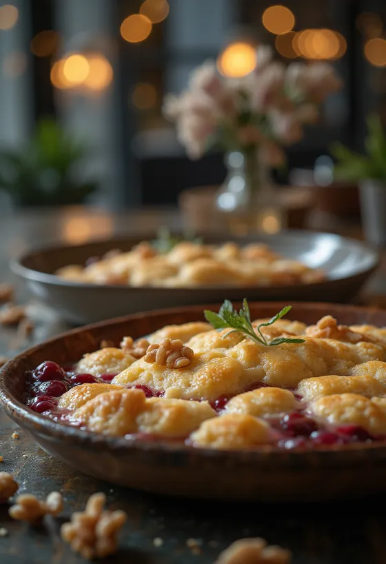 Cobbler med valnødder, serveret med sprød dej og bær