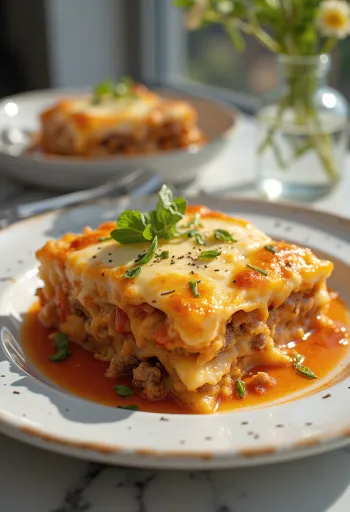 Traditionel græsk moussaka serveret med lagdelt aubergine, hakket kød og bechamelsauce.