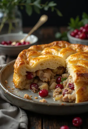 Partridge and cranberry pot pie served in a rustic dish with golden puff pastry.