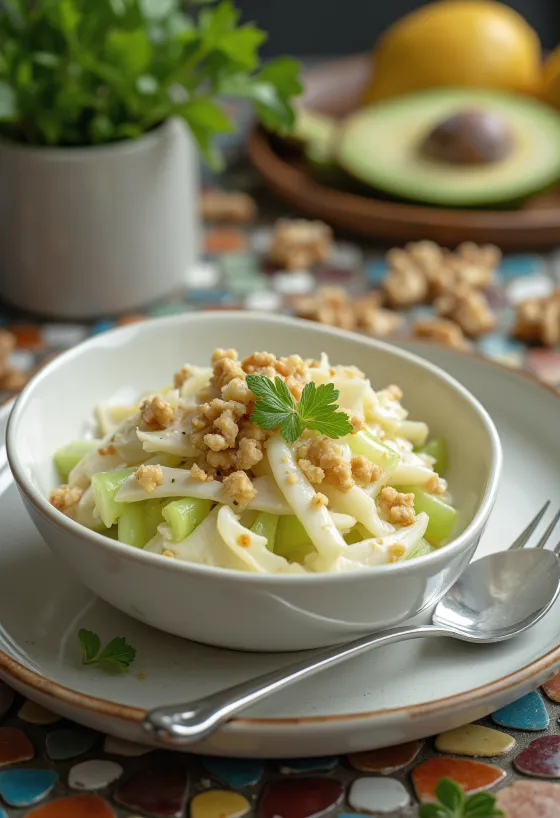 Sprød knoldsellerisalat med cremet dressing serveret