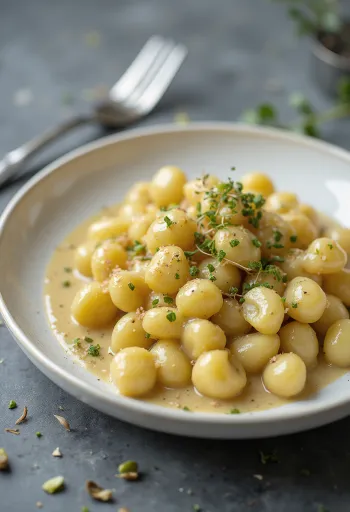Gnocchi med rosenvand og pistacie serveret