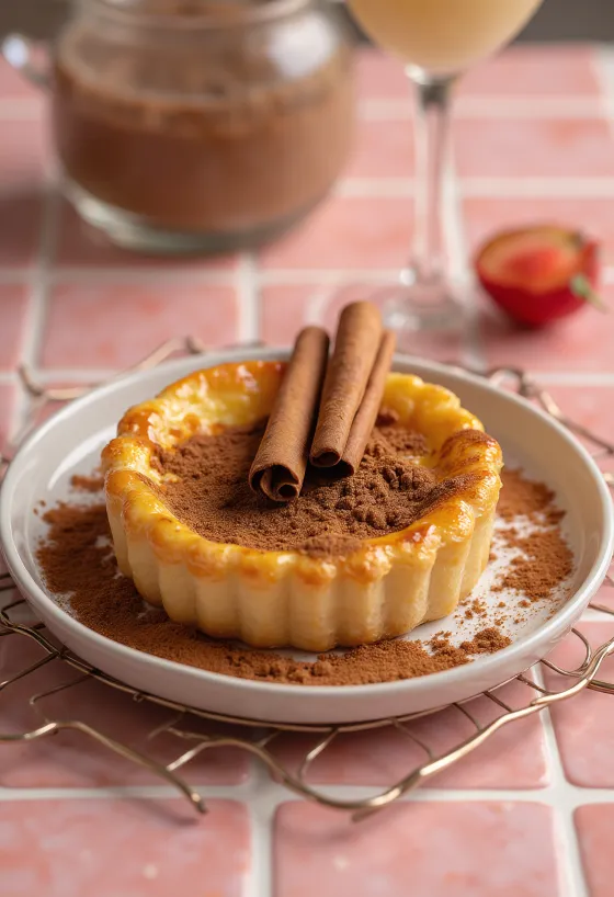 Pastel de nata med kanel, med frisk vaniljecreme og kanel på toppen