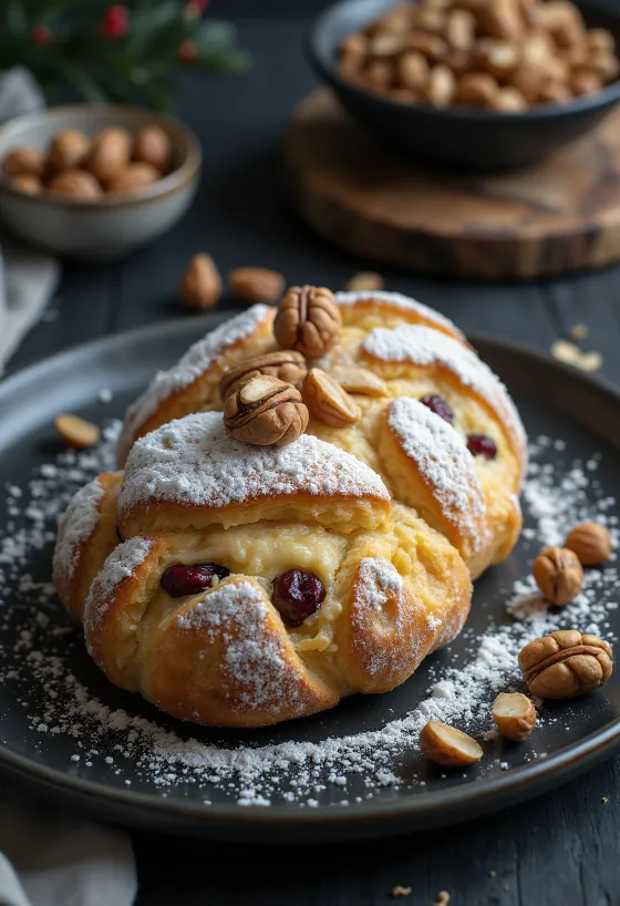 Hasselnødde Stollen i skiver drysset med flormelis