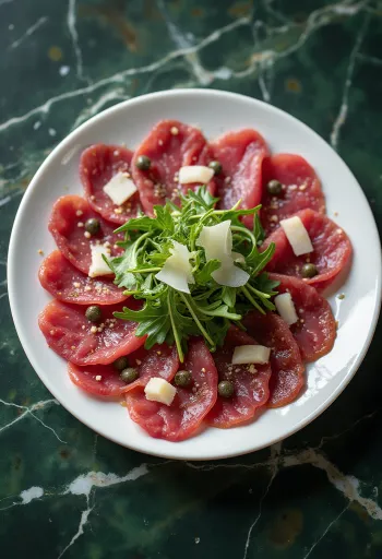Krondyr carpaccio pyntet med rucola og parmesan