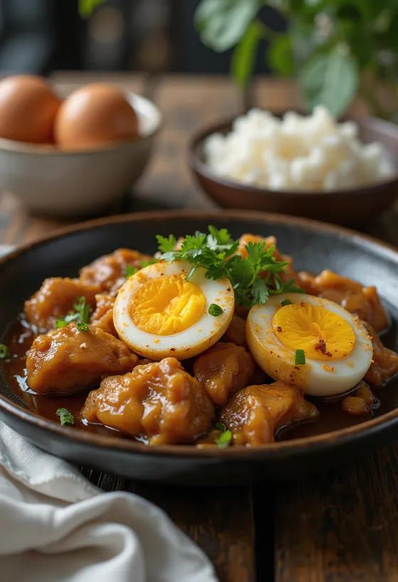 Adobo med æg serveret, kylling og æg forenet som en lækker ret.