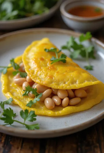 Bánh xèo med mungbønner, pyntet med frisk koriander