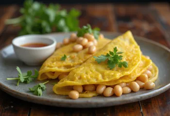 Bánh xèo med mungbønner, pyntet med frisk koriander