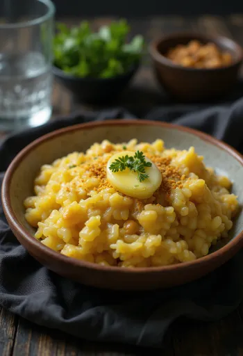 Moong dal khichdi i en skål, pyntet med frisk koriander