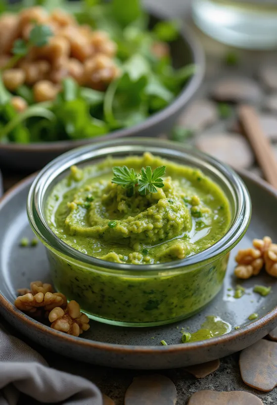 Pesto med rucola og valnødder, frisk og grøn sauce serveret