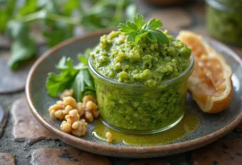 Pesto med rucola og valnødder, frisk og grøn sauce serveret