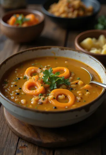 Gullig sambar linsesuppe med gulerodsskiver og urter