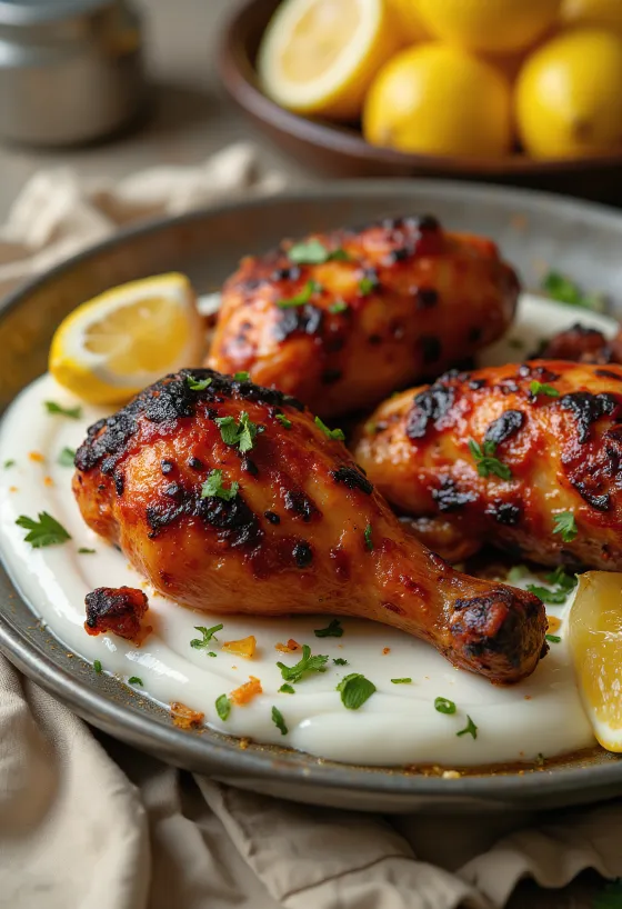 Tandoori kyllingelår serveret med naanbrød og frisk salat