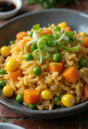 Vegansk stegte ris med grøntsager, serveret frisk i en wok.
