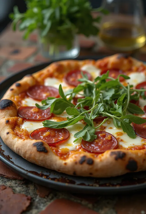 Diavola pizza med rucola og krydret salami