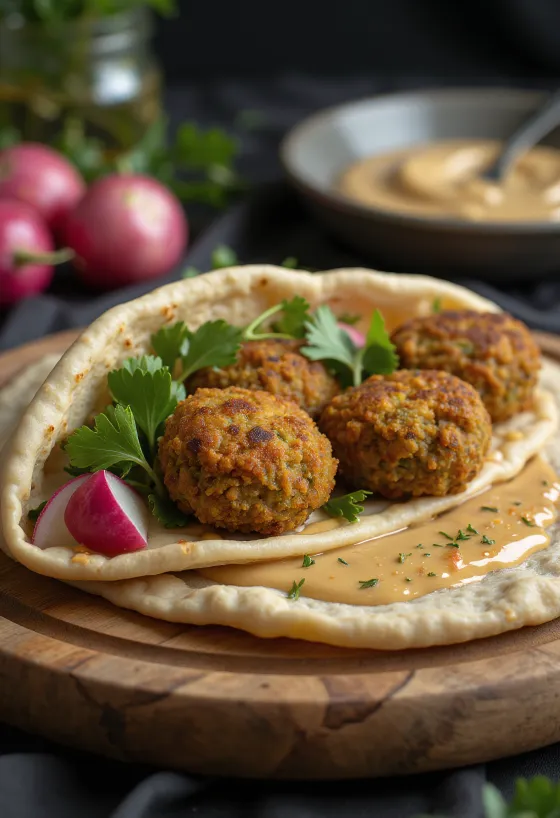 Falafel pita med sprøde kikærtekugler og tahini