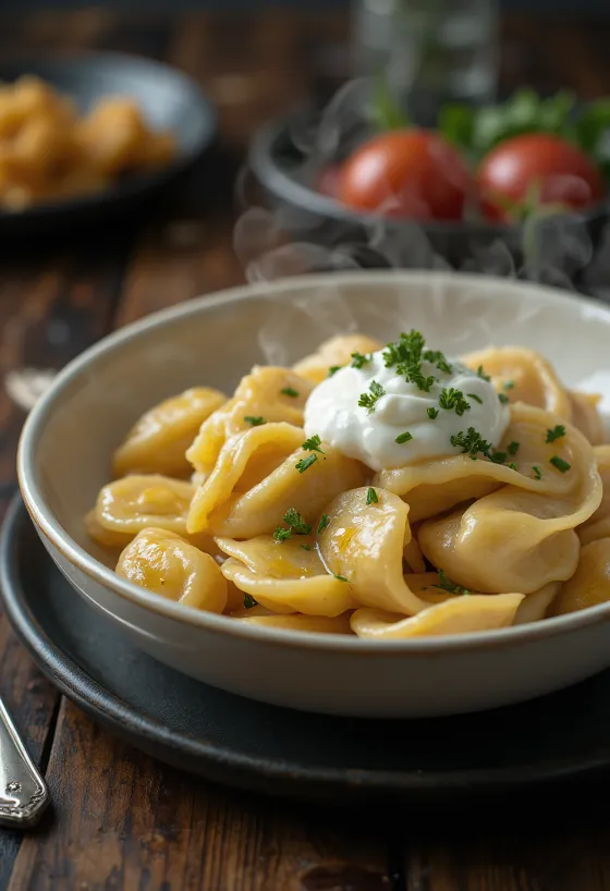 Russiske pelmeni med kylling serveret med creme fraiche