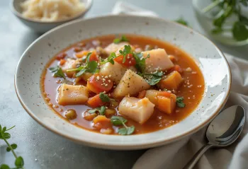 Glutenfri Psarosoupa, rig fiskesuppe serveret med frisk olivenolie og citronsaft