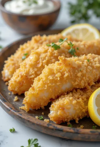 Gyldenbrun stegt paneret fisk serveret med friske citronskiver og salat.