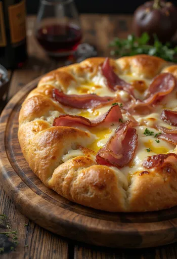 Focaccia med skinke og mozzarella serveret