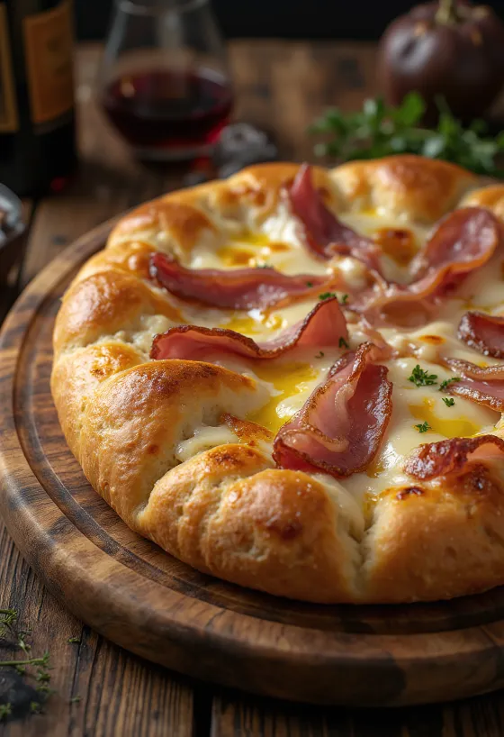 Focaccia med skinke og mozzarella serveret