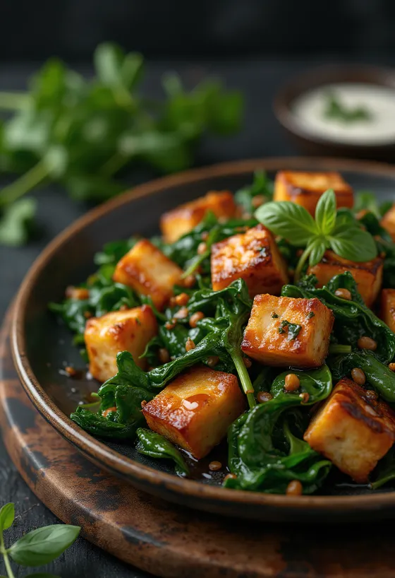 Spinat-tofu bidder serveret
