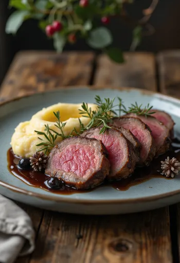 Krondyrryg med enebærsauce serveret med ristede grøntsager
