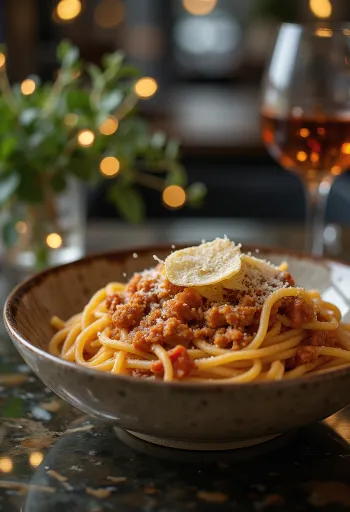 Spaghetti Bolognese drysset med frisk basilikum og parmesan