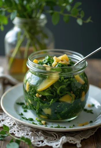 Sød-syrlig syltet spinat i glas