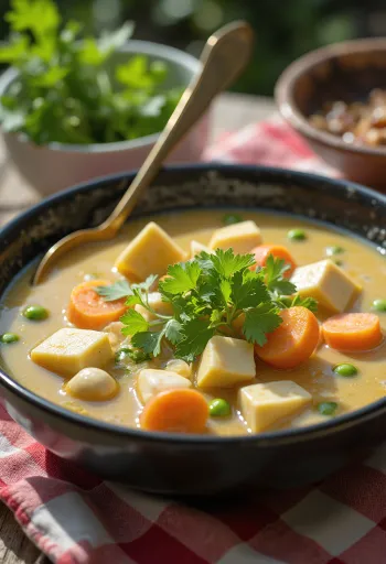 Kasu jiru med tofu, serveret med kokosmælk, tofu og grøntsager