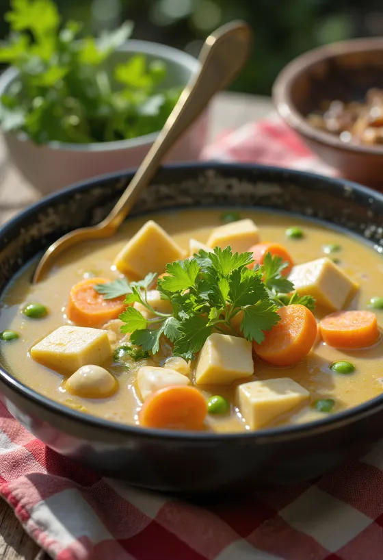 Kasu jiru med tofu, serveret med kokosmælk, tofu og grøntsager