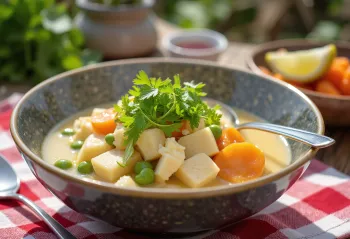 Kasu jiru med tofu, serveret med kokosmælk, tofu og grøntsager