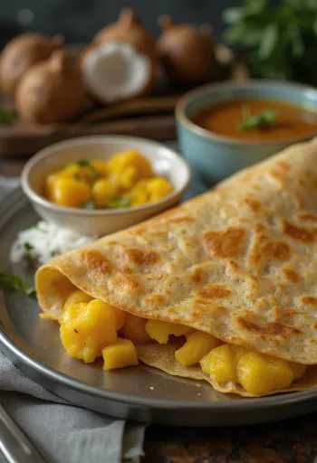 Masala dosa serveret med ristede kartofler og frisk revet kokos